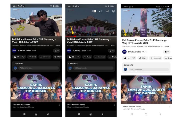 Tampilan progress baru YouTube yang baru berwarna putih (paling kiri). Progress bar akan kembali berwarna merah ketika pengguna berinteraksi dengan video (tengah). Progress bar juga akan tetap berwarna merah saat aplikasi YouTube menggunakan mode light theme (paling kanan).
