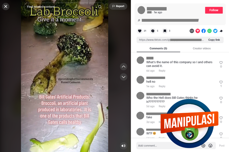 Tangkapan layar konten manipulasi di sebuah akun Facebook, soal brokoli buatan laboratorium yang diproduksi Bill Gates.