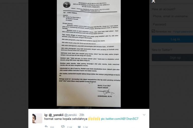 Surat kepala sekolah SD di Bantul kepada orangtua murid yang jadi viral. 