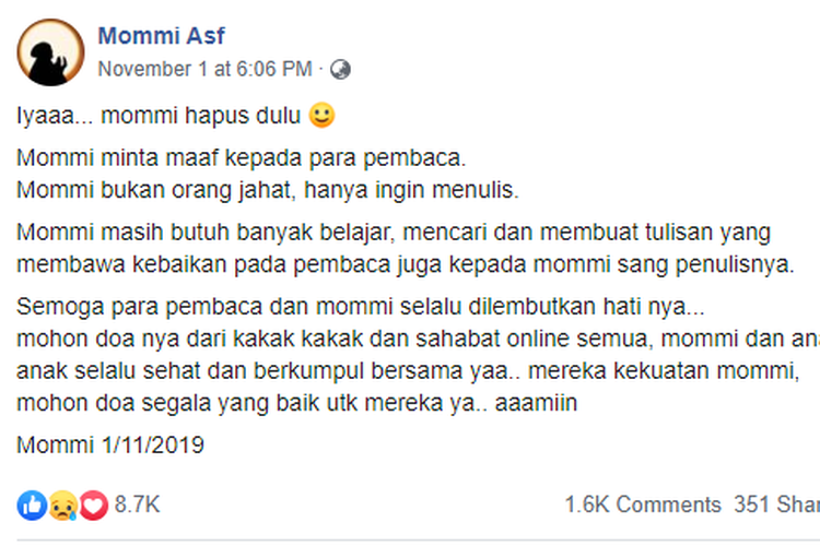 
Postingan akun Mommi Asf setelah menghapus kisah Layangan Putus di Facebook