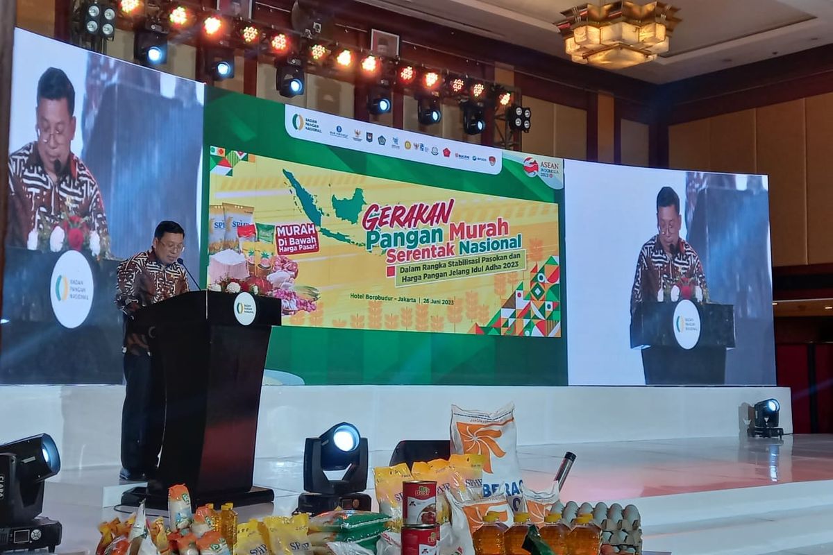 Kepala Bapanas Arief Prasetyo Adi dalam Launching Gerakan Pangan Murah (GPM) Serentak Nasional di Hotel Borobudur, Jakarta, Senin (26/6/2023).