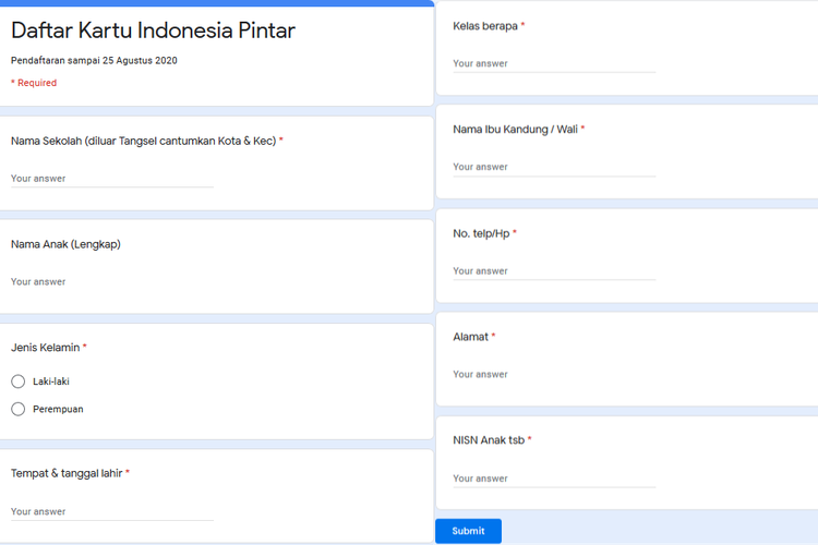 Tangkapan layar hoaks formulir Kartu Indonesia Pintar