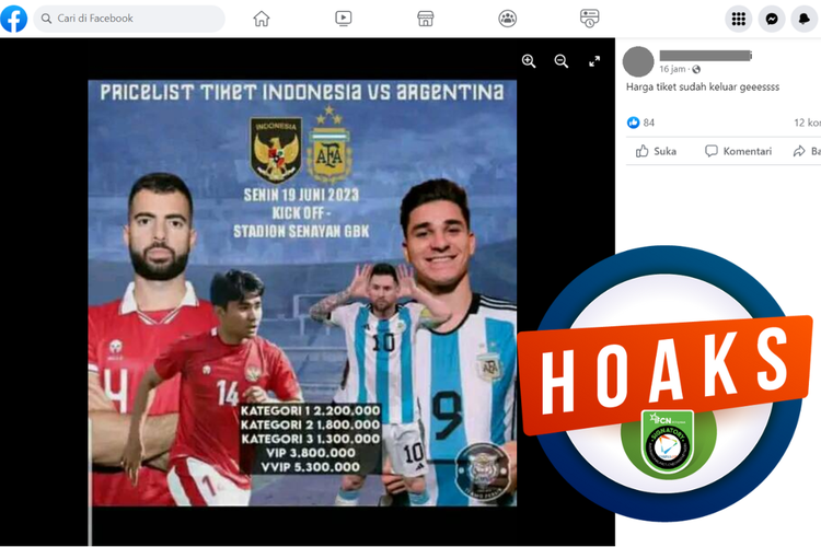 Tangkapan layar unggahan dengan narasi hoaks di sebuah akun Facebook, Rabu (24/5/2023), soal daftar harga tiket pertandingan timnas Indonesia vs Argentina, padahal belum ada pengumuman resminya.