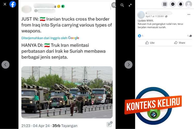 Tangkapan layar konten dengan konteks keliru di sebuah akun Facebook, 7 April 2024, soal foto truk pembawa senjata Iran yang melintasi perbatasan Suriah.