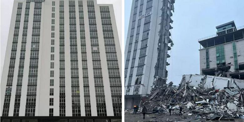 Gambar sebelum dan sesudah bencana gempa bumi; apartemen di Kota Iskanderun yang baru dibangun 2019 lalu.