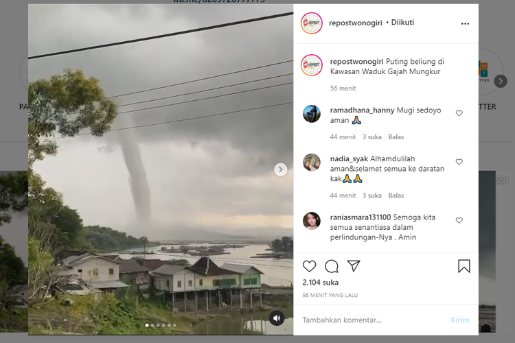 A screen grab showing a tornado in Wonogiri regency on Wednesday, January 20, 2021.