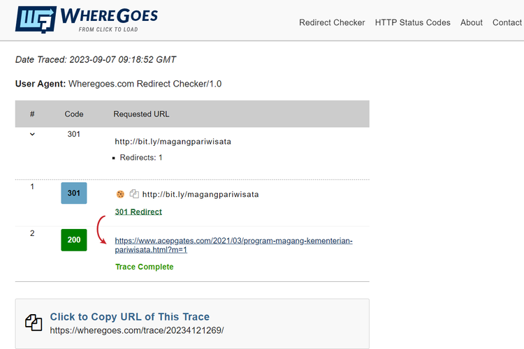 Tangkapan layar penelusuran situs web di Wheregoes, menampilkan tautan yang tidak mengarah ke situs Kemenparekraf.