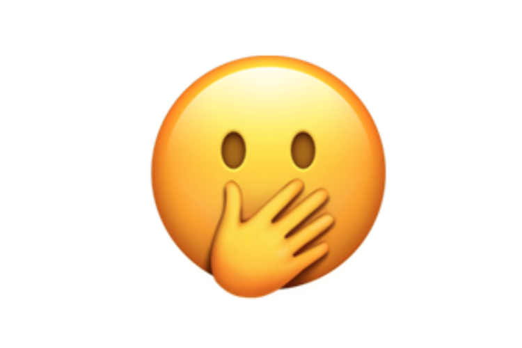 Ilustrasi emoji wajah dengan mata terbuka dan tangan menutup mulut.