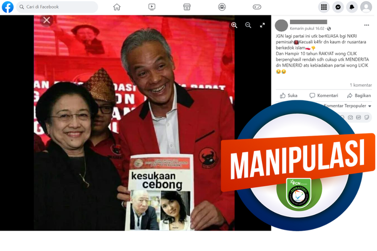 Tangkapan layar unggahan dengan narasi hoaks di sebuah akun Facebook, Selasa (2/5/2023), soal foto Ketum PDIP Megawati dan Gubernur Jateng Ganjar Pranowo berfoto dengan poster bintang porno.