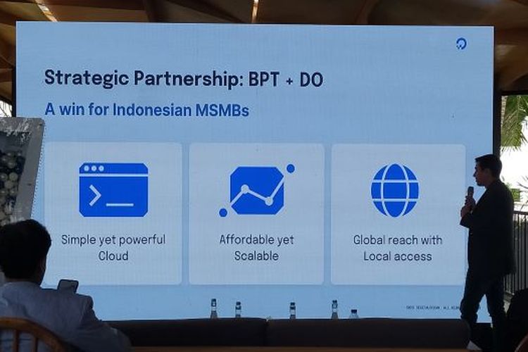 Uraian kerja sama Blue Power Technology dan Digital Ocean dalam membantu dan mendampingi UKM di Indonesia melalui cloud computing atau komputasi awan, 7 Februari 2023 di Jakarta.
