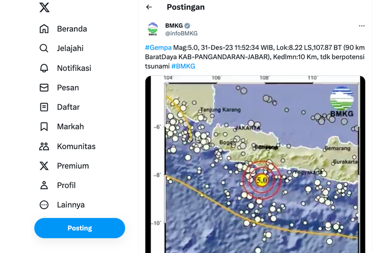 Unggahan BMKG mengenai info Gempa Pangandaran, tidak berpotensi tsunami. 