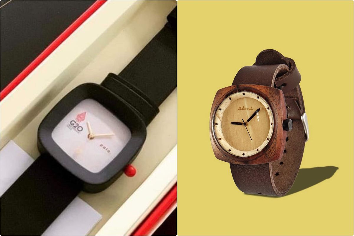 Jam tangan kayu PALA Nusantara buatan Bandung (kiri) menjadi suvenir resmi KTT G20, dan jam tangan kayu Eboni Watch (kanan) dari Klaten, Jawa Tengah.