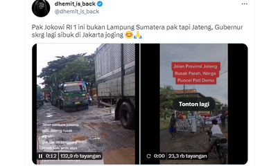 Tangkapan layar twit bernarasi Jalan Pantai Utara (Pantura) Juwana, Kabupaten Pati, Jawa Tengah disebut rusak parah.