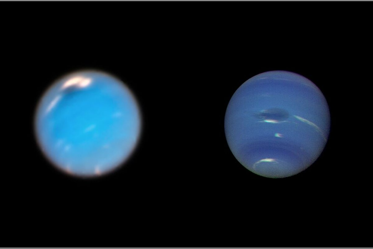 Foto komposit ini menunjukkan foto badai di Neptunus yang diambil oleh Teleskop Hubble (kiri) dan Voyager 2 (kanan).
