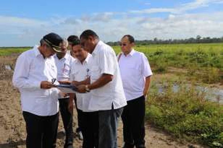 Kepala Badan Pengembangan Infrastruktur Wilayah (BPIW) Kementerian Pekerjaan Umum dan Perumahan Rakyat (PUPR), Hermanto Dardak saat meninjau lokasi proyek pembangunan irigasi di Merauke (27/4/2016).
