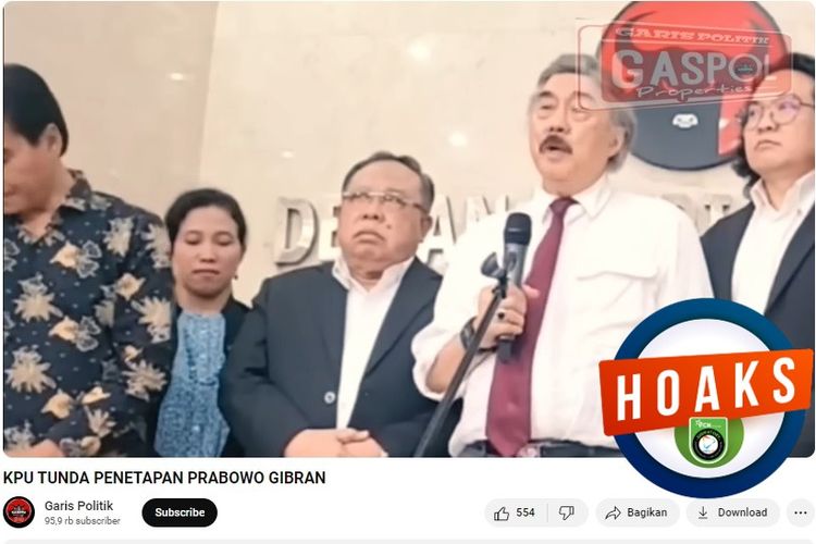 Tangkapan layar akun YouTube narasi yang menyebut KPU menunda penetapan Prabowo-Gibran sebagai presiden-wakil presiden