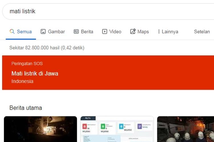 Google menandai kejadian mati listrik di Jawa sebagai peringatan darurat.