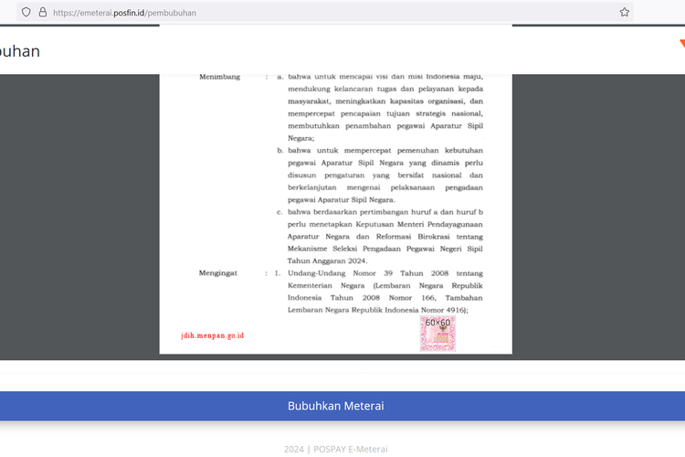 Ilustrasi cara membubuhkan e-meterai Posfin pada dokumen CPNS 2024.