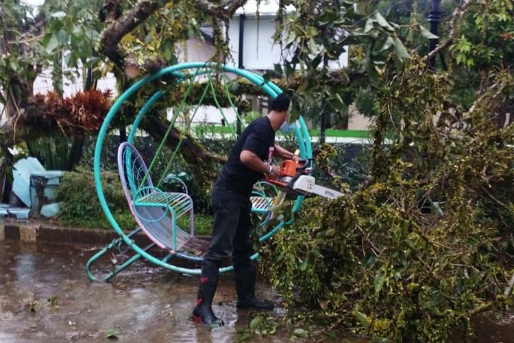 Petugas membersihkan pohon tumbang di GKMI Ngentak Salatiga