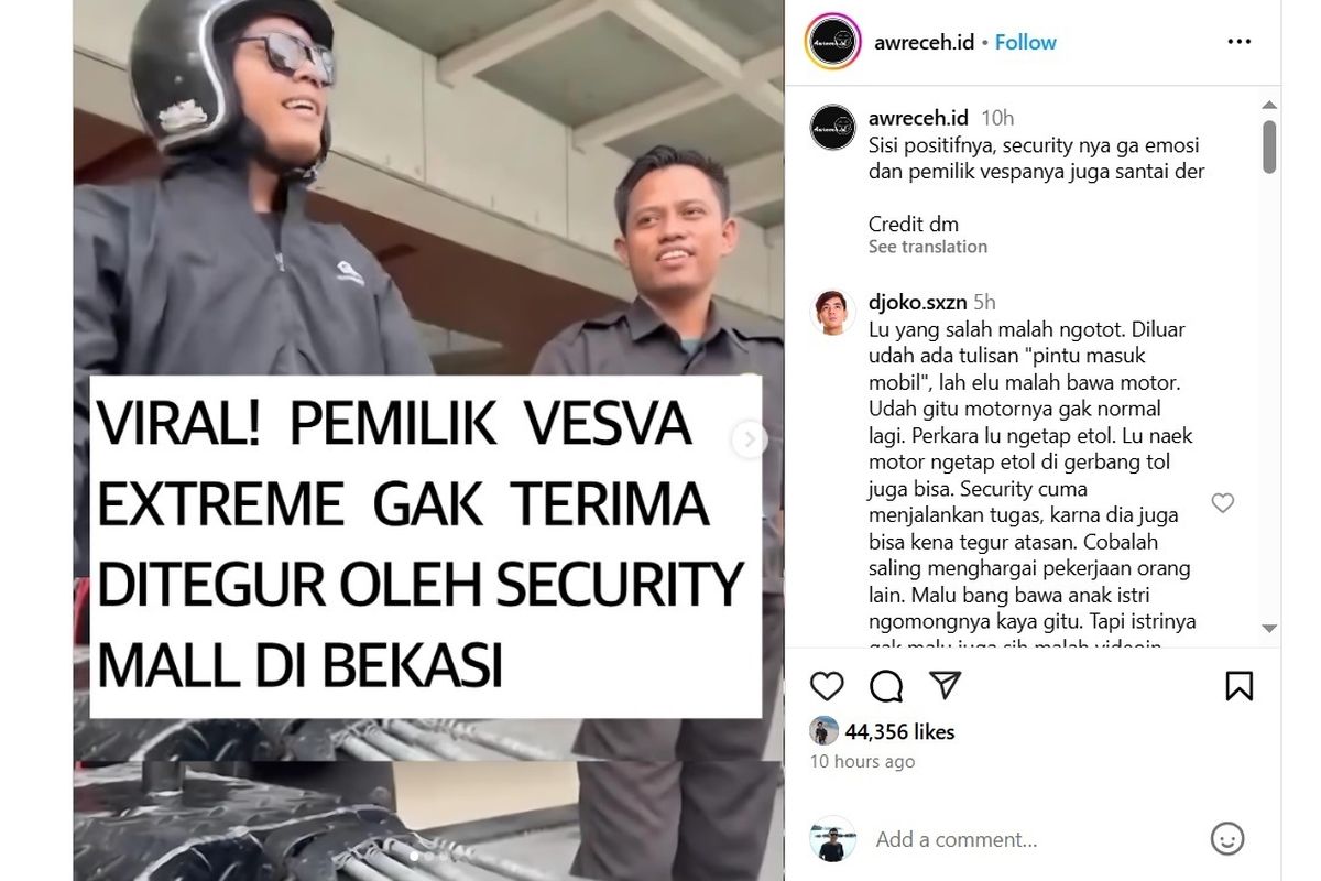 Salah satu video yang viral di media sosial memperlihatkan pemilik Vespa yang sudah dimodifikasi tidak terima ditegur oleh sekuriti sebuah mal di Bekasi, Jawa Barat.