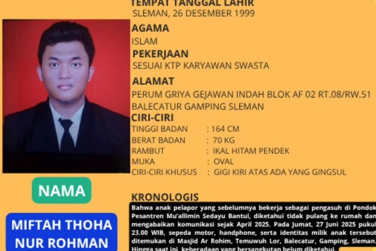 Tangkapan layar dari akun Instagram Polsek Gamping mengenai laporan orang hilang atas nama Miftah Thoha Rohman warga Balecatur, Kapanewon Gamping, Kabupaten Sleman.