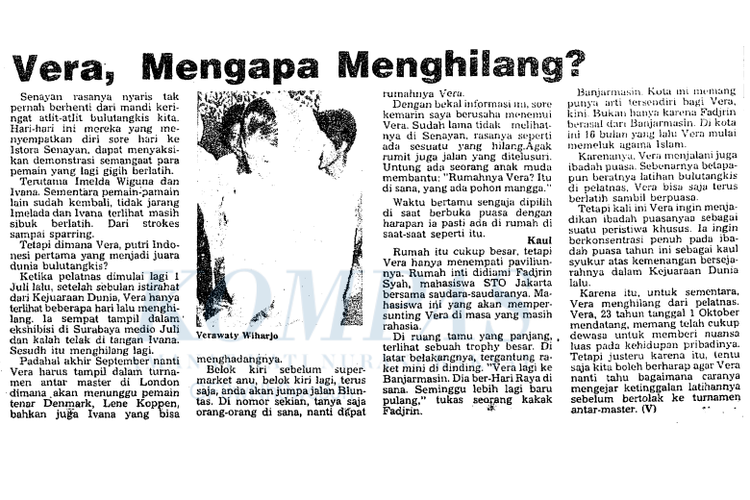 Tangkap layar artikel harian Kompas edisi 7 Agustus 1980, tentang Verawaty Fajrin yang tak tampak di pusat pelatihan bulu tangkis di Senayan, selepas menjadi Juara Dunia pada 1980. Tangkap layar dilakukan pada Minggu (21/11/2021).