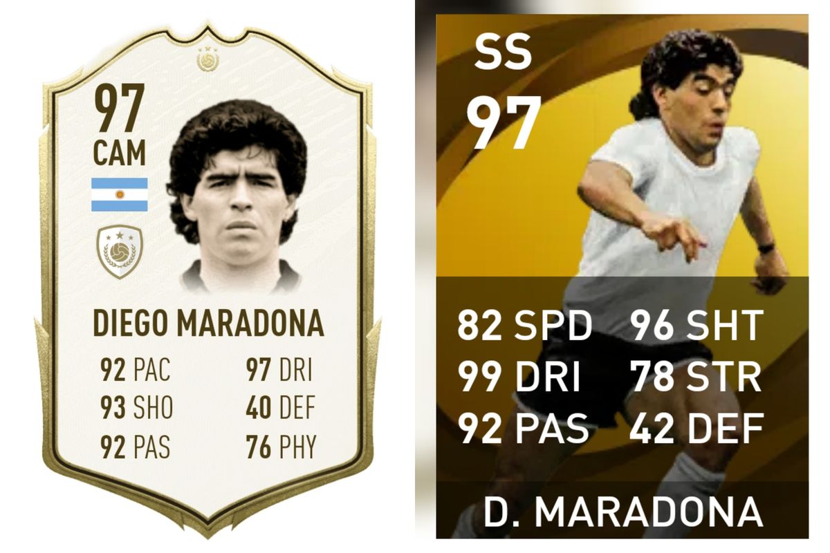 Kartu pemain Diego Maradona di game FIFA21 (kiri) dan eFootball PES 2021 (kanan).