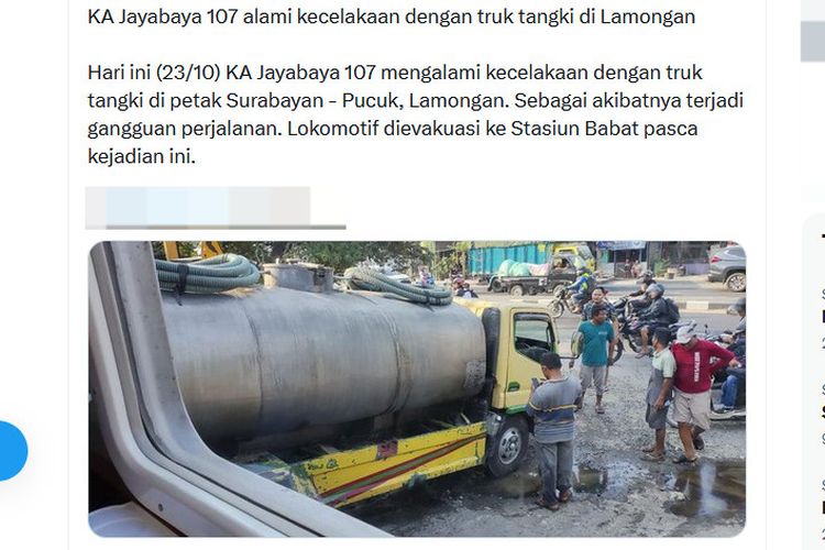 Tangkapan layar kecelakaan KA Jayabaya dengan truk tangki di Lamongan, Senin (23/10/2023).