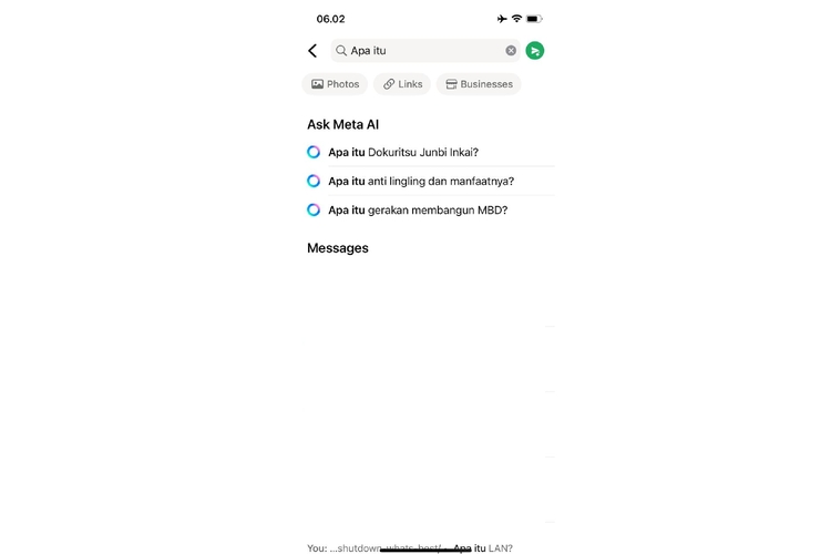 Cara mencari chat WhatsApp setelah ada meta AI di kolom pencarian dengan melihat kolom Messages.