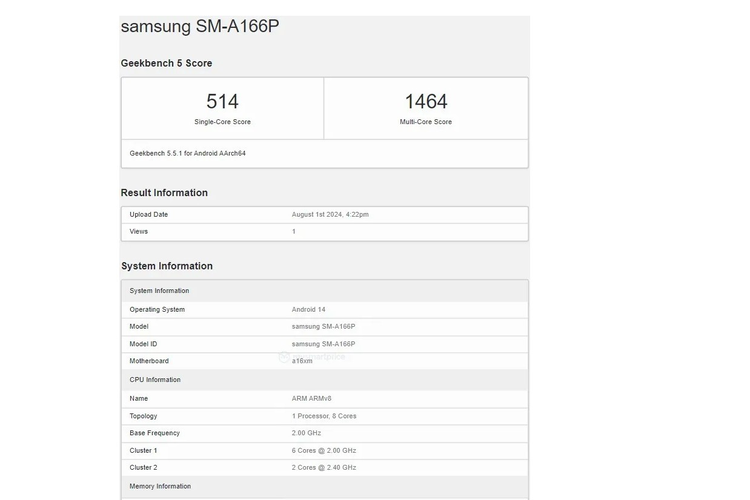 Hasil benchmark Samsung Galaxy A16 5G di situs Geekbench