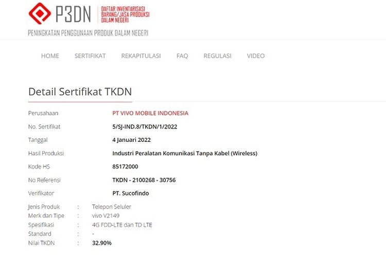 Tangkapan layar sertifikat TKDN Vivo Y21A