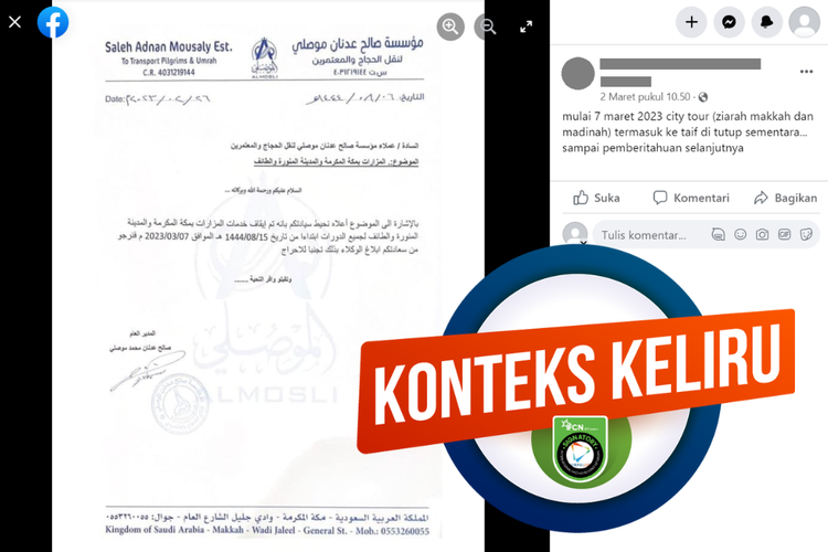 Tangkapan layar unggahan dengan narasi salah konteks di sebuah akun Facebook, Kamis (2/3/2023), soal surat yang menginformasikan ziarah ke Madinah dan Mekkah dihentikan. 