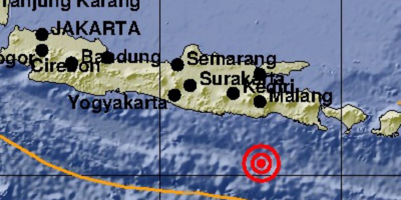 Peta gempa bumi tektonik magnitudo 5,6 yang terjadi di Laut Selatan Jawa, Selasa (19/2/2019) dini hari.