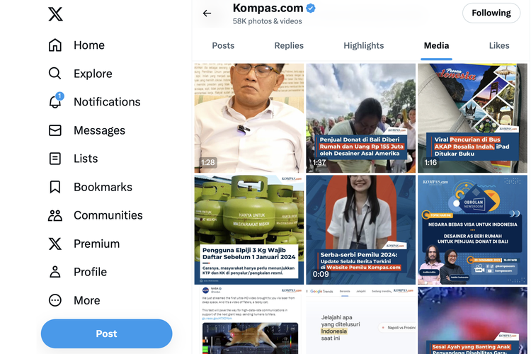 Tampilan tab Media versi baru di X Twitter. Formatnya sudah mengadopsi desain grid untuk memudahkan pencarian gambar, video, dan GIF yang diunggah oleh akun lain