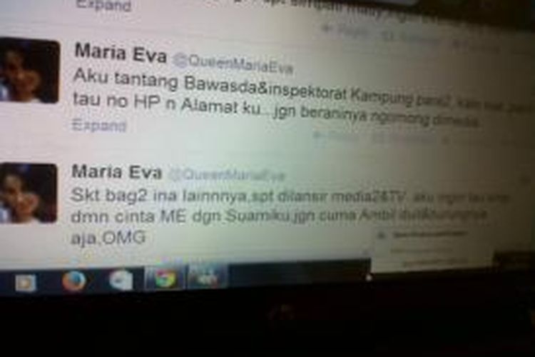 Maria Eva melalui akun Twitter-nya menantang pihak Inspektorat Kota Parepare berkait dengan masalah rumah tangga Kadis PU Kota Parepare, Sulawesi Selatan, dengan istrinya.