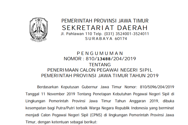 Pengumuman tentang penerimaan CPNS Pemprov Jatim 2019