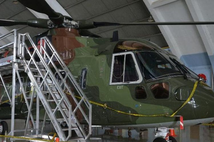 Helikoper AgustaWestland AW101 di Hanggar Skuadron Teknik 021, Lanud Halim Perdanakusuma, Jakarta Timur.