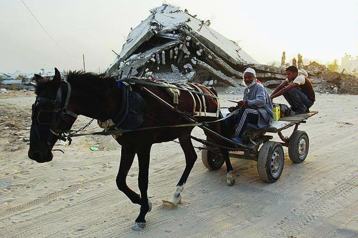 Warga Palestina mengendarai kereta keledai dan melintasi sebuah rumah yang hancur di Jebaliya, Jalur Gaza, Jumat (16/10). Rumah tersebut hancur akibat serangan tentara Israel pada Desember 2008.