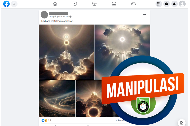 Tangkapan layar konten manipulasi di sebuah akun Facebook, Kamis (20/4/2023), soal kumpulan penampakan gerhana Matahari di Manokwari, Papua Barat.