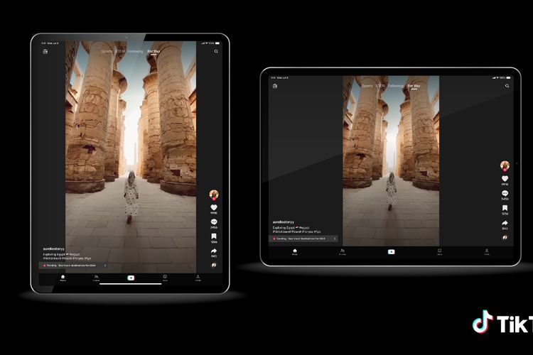 Tampilan baru TikTok di tablet yang sudah mendukung orientasi horizontal dan vertikal, menghadirkan bilah navigasi di atas dan bawah layar yang lebih sederhana, dan sebagainya