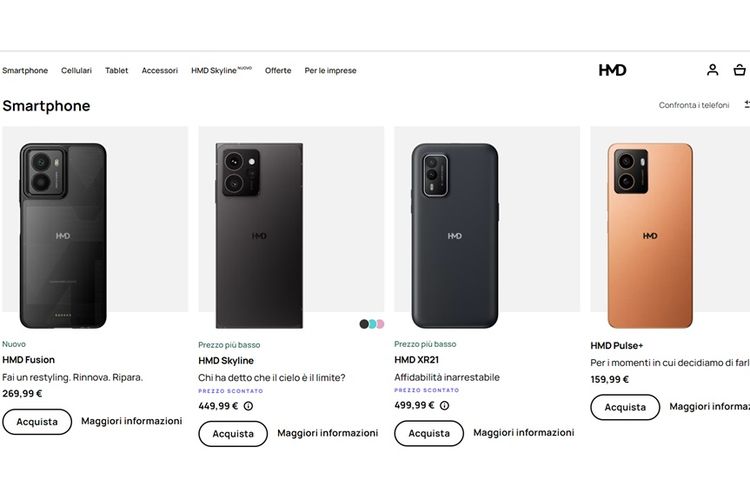 Screenshot halaman smartphone di situs resmi HMD Italia