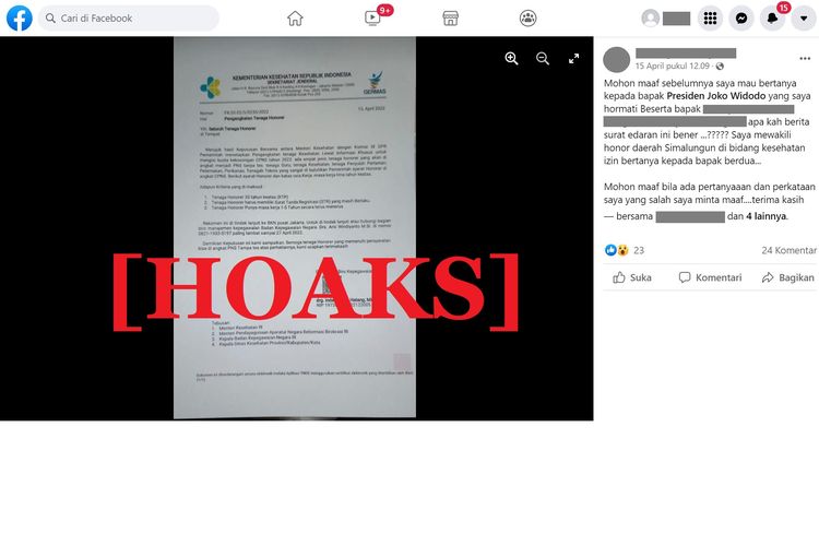 Tangkapan layar unggahan hoaks di sebuah akun Facebook, Jumat (15/4/2022), mengenai surat pengangkatan tenaga honorer mengatasnamakan Kemenkes.