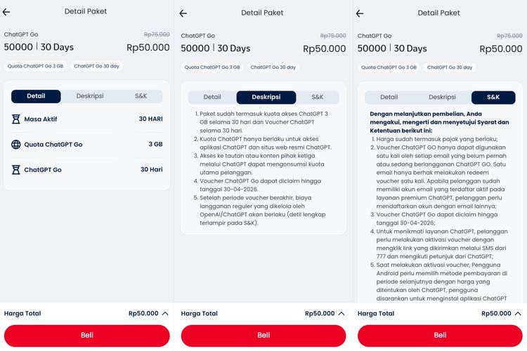 Telkomsel diskon harga langganan ChatGPT Go jadi Rp 50.000, dari tarif normal Rp 75.000 per bulan.

