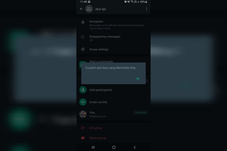 Tidak bisa menambahkan ke grup karena akun WA milik kita telah diblokir oleh seseorang.