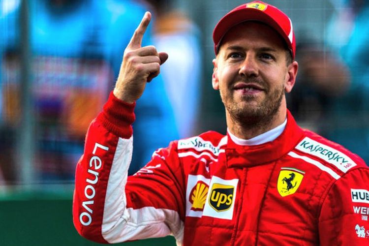 Selebrasi Sebastian Vettel (Ferrari) usai berhasil meraih pole position pada sesi kualifikasi F1 GP Azerbaijan 2018 yang berlangsung Sabtu (28/4/2018).