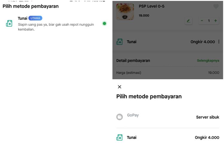 Opsi GoPay hilang ketika memilih metode pembayaran (kiri) dan server GoPay sedang sibuk ketika membayar GoFood menggunakan GoPay (kanan).