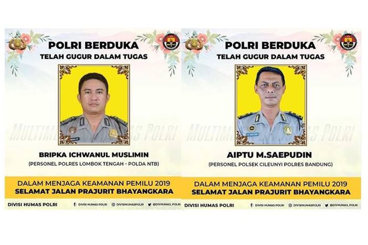 Foto dua aparat polisi yang dikabarkan meninggal saat bertugas mengamankan Pemilu 2019.