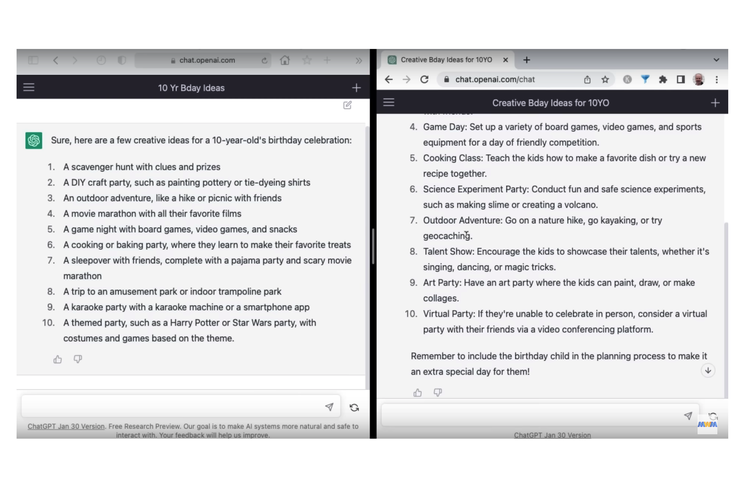 Tangkapan layar perbandingan respons ChatGPT biasa (kanan) dan ChatGPT Plus (kiri). ChatGPT Plus bisa memberikan respons yang lebih detail.