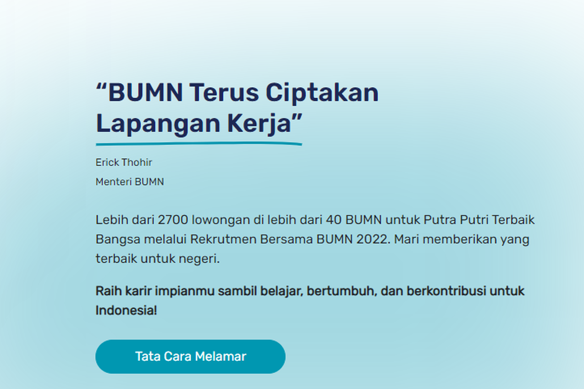 Tangkapan layar situs Kementerian BUMN yang membuka 2.700 lowongan kerja pada program Rekrutmen Bersama BUMN 2022.