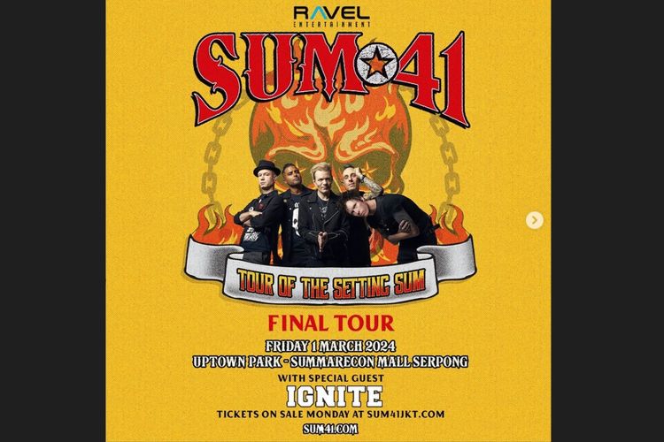 Konser SUM41 di Indonesia digelar di Uptown Park, Sumarecon Mall, Serpong, pada 1 Maret 2024.